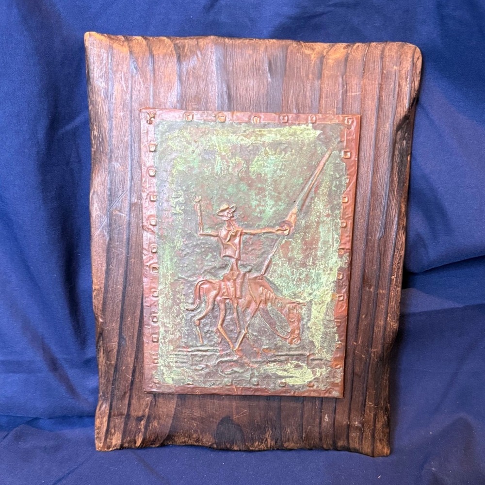 Vintage 1960s Mid Century Brutalist Copper Don Quixote Relief Wood Wall Plaque